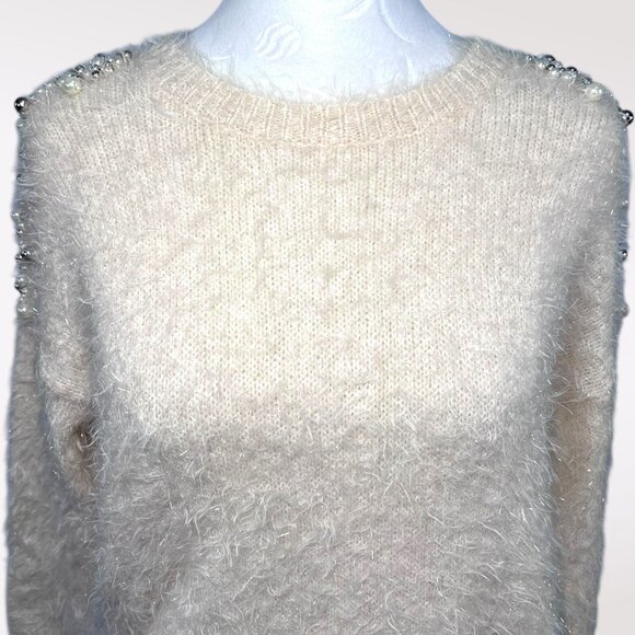Pearl Beaded Fuzzy Sweater Y2K Soft Knit Glam Pullover Top Small - Picture 2 of 9